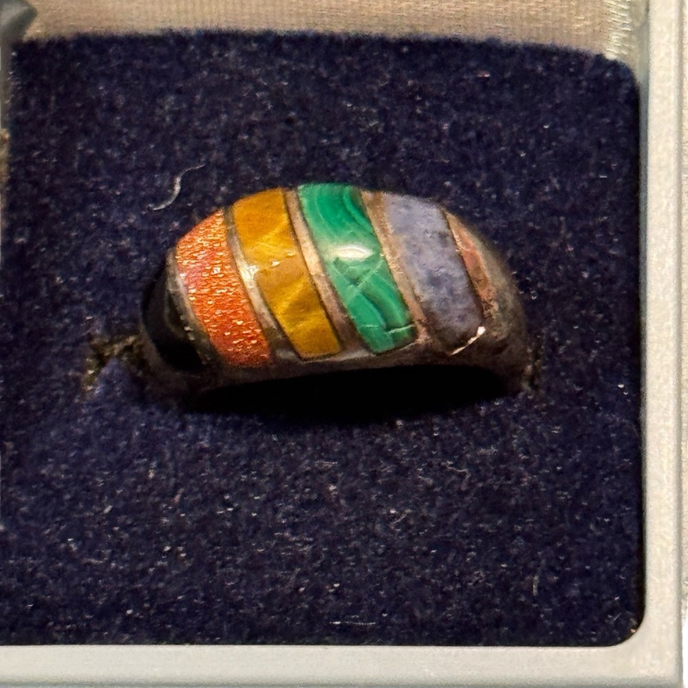 Vintage Lapis Malachite Multi Gemstone 
 Sterling Silver 925 Inlay Ring